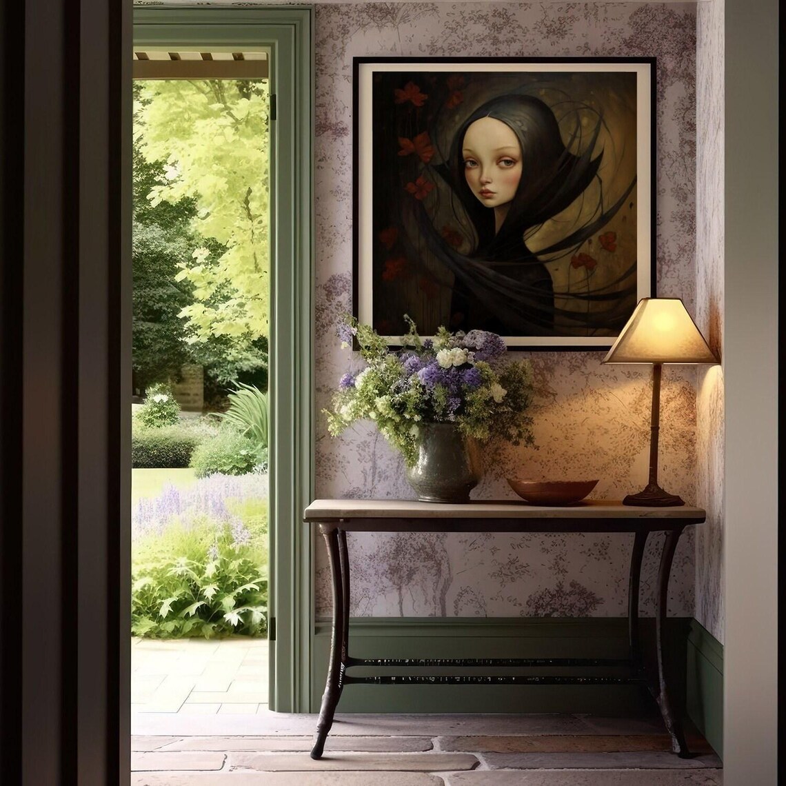Gothic Vampire Girl Swirling Black Hair Red Flowers Dark Fantasy Portrait Poster - Image 2