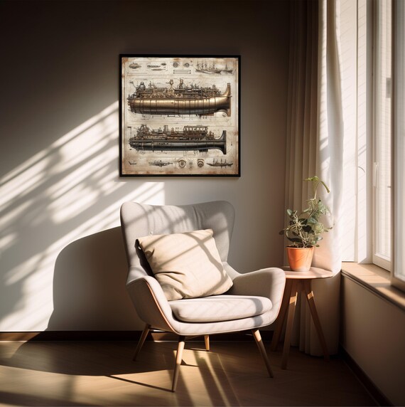 Vintage Nautical Steampunk Submarine Wall Art Print Antique Mechanical Blueprint Poster Steampunk Decor For Office Or Living Room