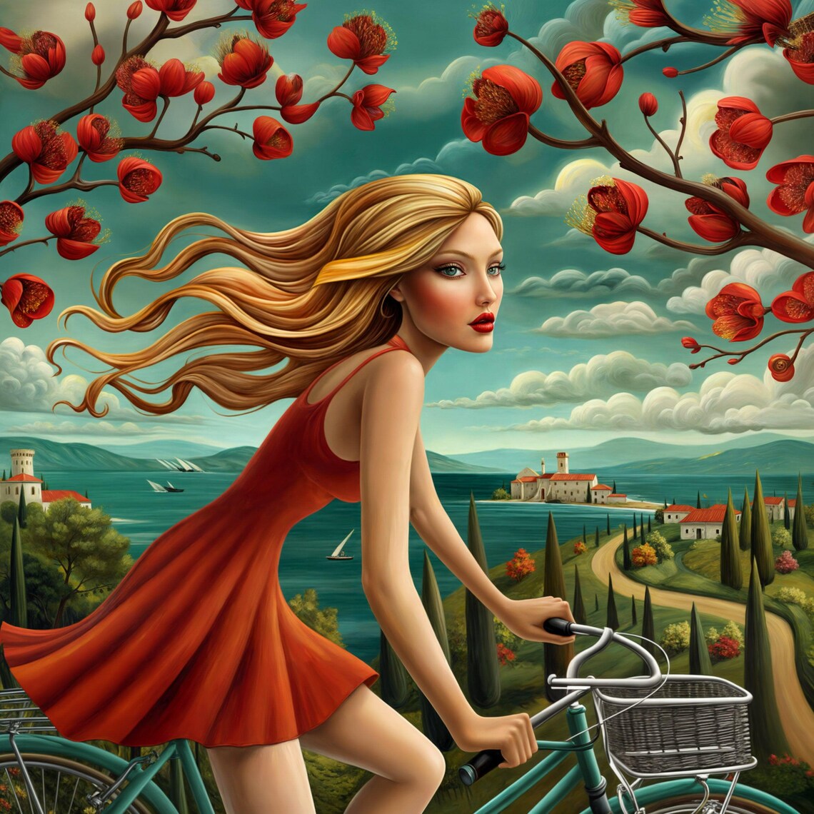 Blonde Woman In Red Dress Cycling Coastal Town Blossoms Surreal Travel Poster - Image 4