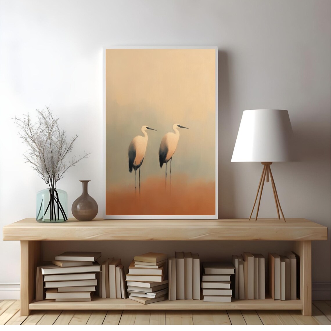 Two White Herons Misty Water Minimalist Warm Beige Nature Art Poster
