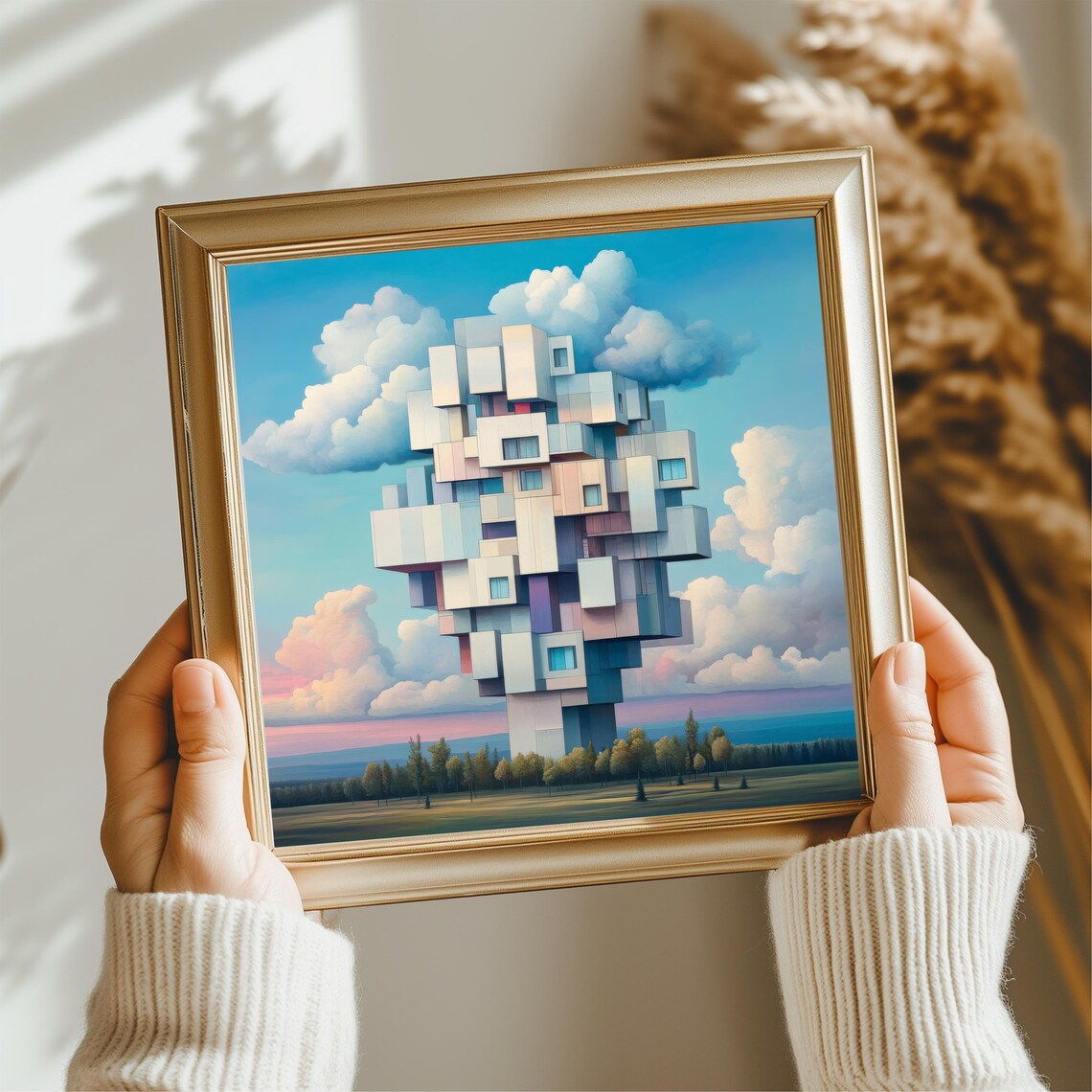 Surreal Cubist Tower Stacked White Cubes Floating Sky Art Poster - Image 2