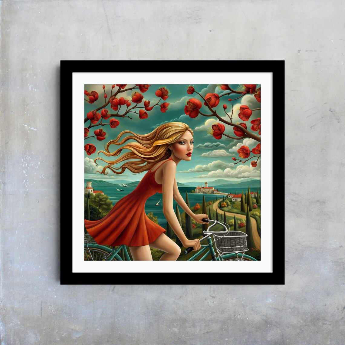 Blonde Woman In Red Dress Cycling Coastal Town Blossoms Surreal Travel Poster