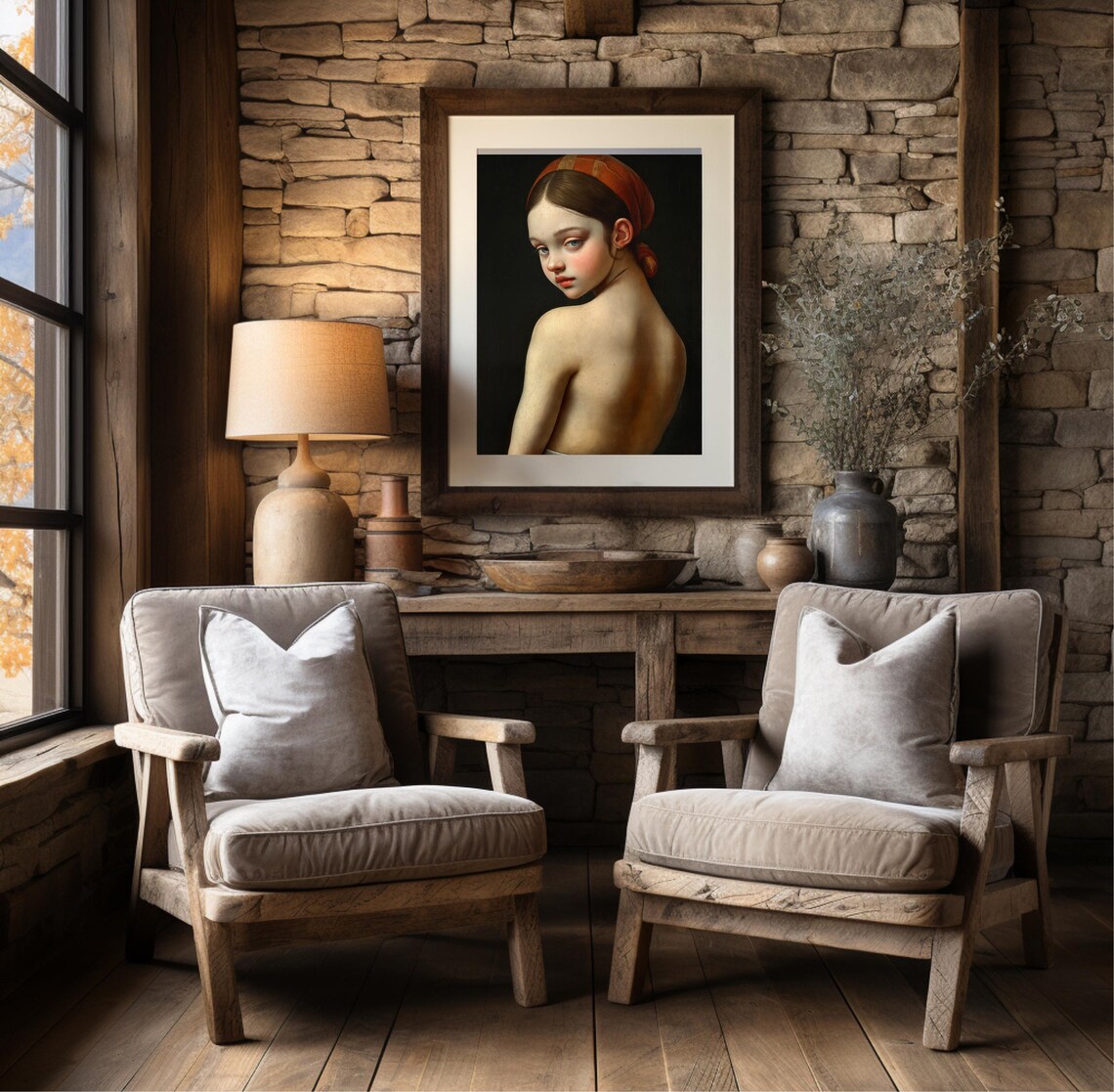 Classic Girl Portrait Red Headscarf Timeless Oil Painting Style Art Print