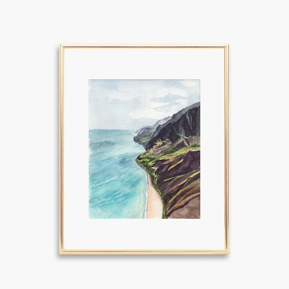 Dramatic Ocean Cliffs Watercolor Turquoise Sea Coastal Art Poster