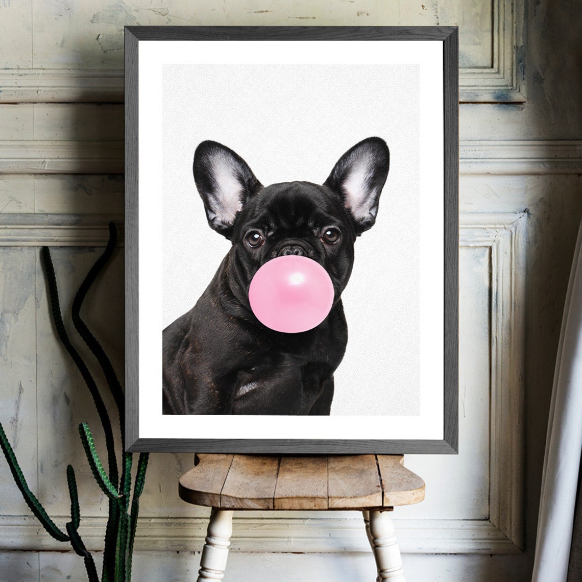 Black French Bulldog Blowing Pink Bubblegum Bubble Cute Dog Poster - Image 3