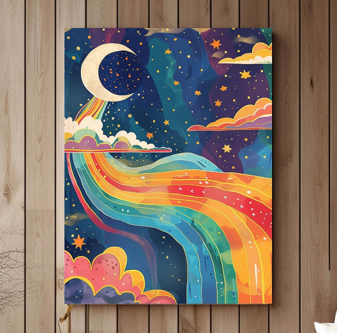 Whimsical Rainbow Sky, Boho Celestial Moon Stars Art