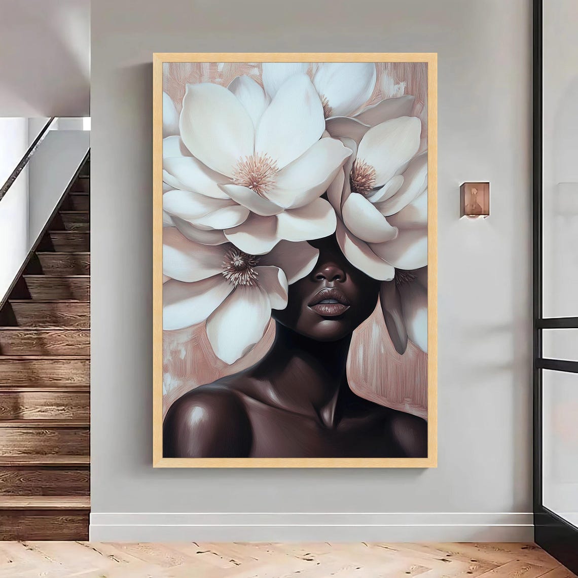 Black Woman White Magnolia Floral Face Modern Elegant Portrait Poster