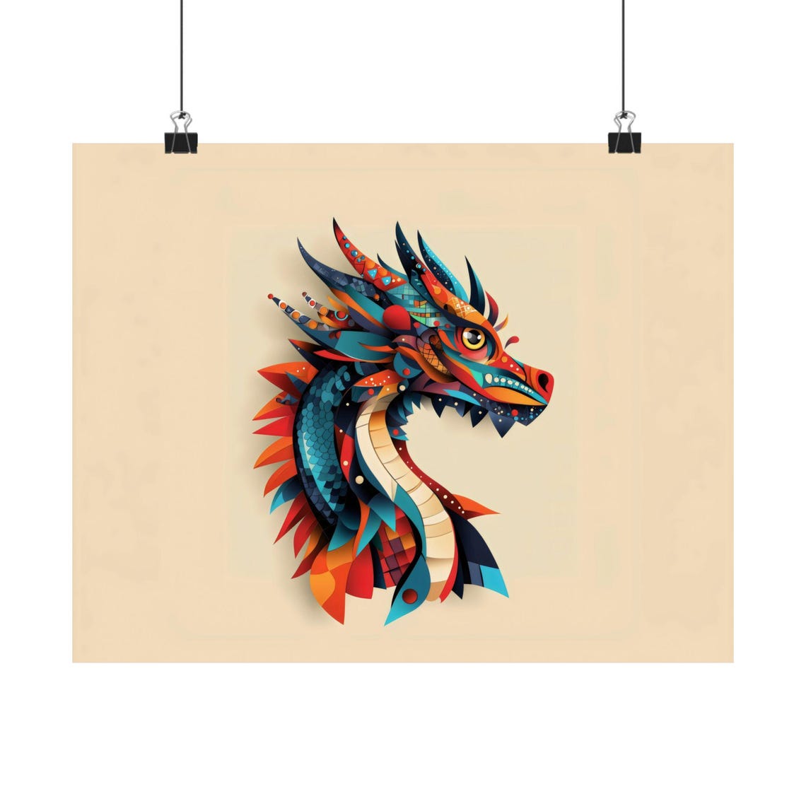 Geometric Dragon Head Mosaic Bold Mythical Creature Art Poster