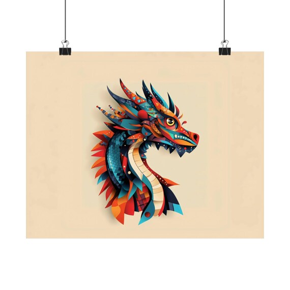 Geometric Dragon Poster Print Landscape Modern Painting Fantasy Nature Rustic Bright Wall Print Airbnb Art Wall Decor