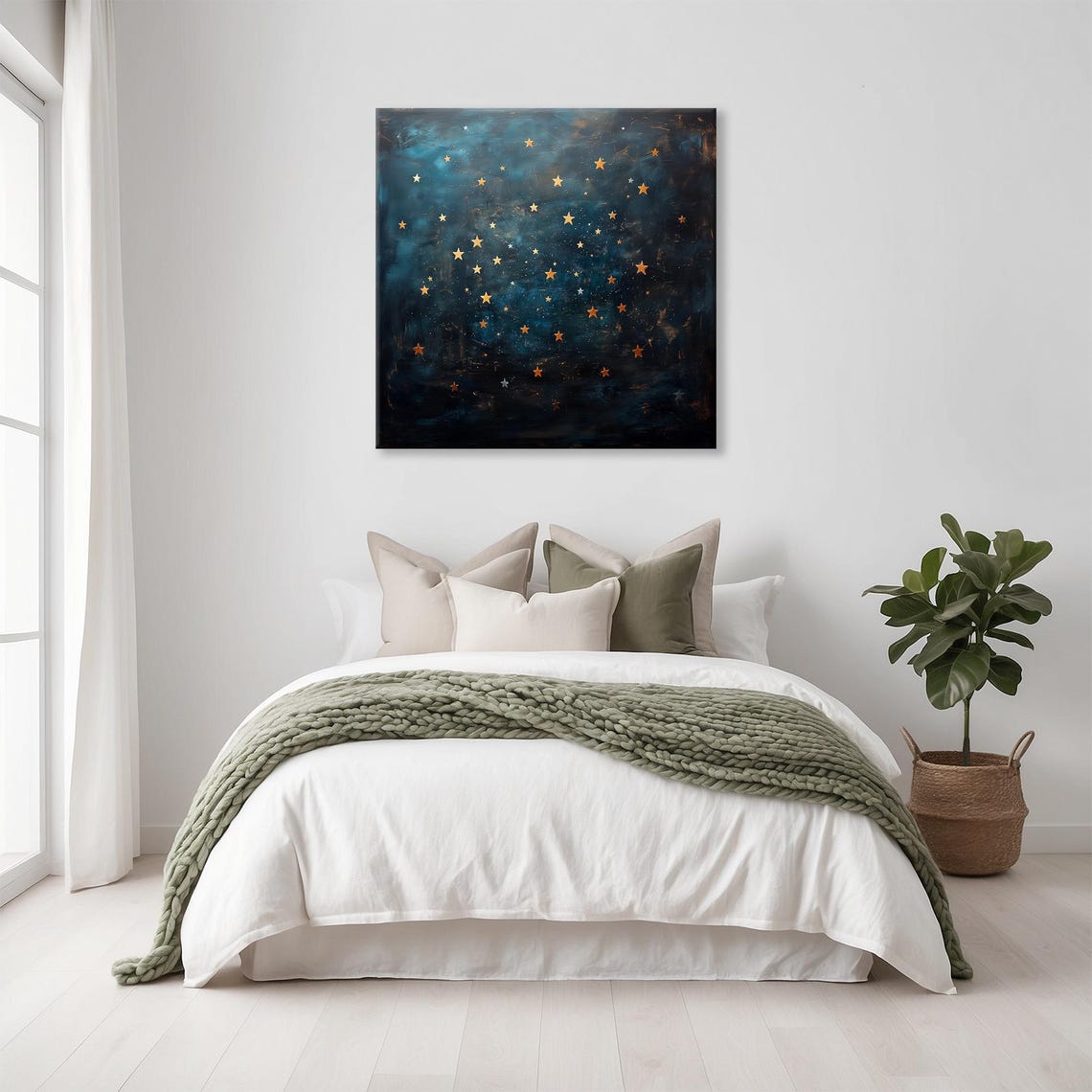 Golden Stars Glowing Night Sky Deep Teal Dreamy Celestial Wall Art