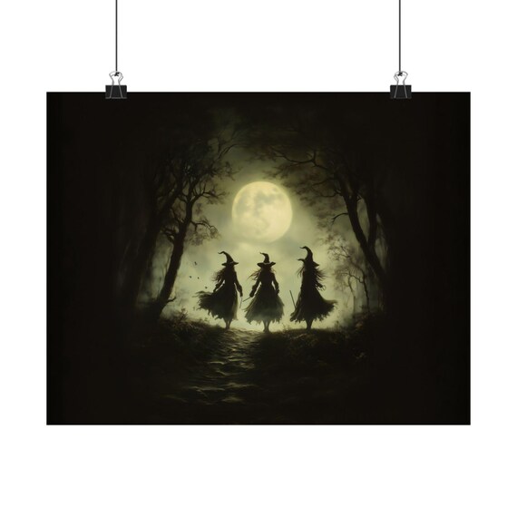 Three Witches Moonlit Forest Path Full Moon Halloween Night Poster