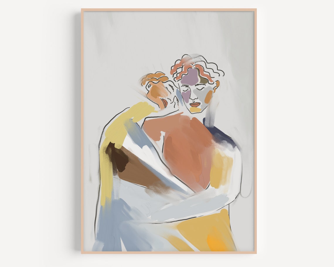 Warm Terracotta Couple Embrace Expressive Abstract Figure Poster