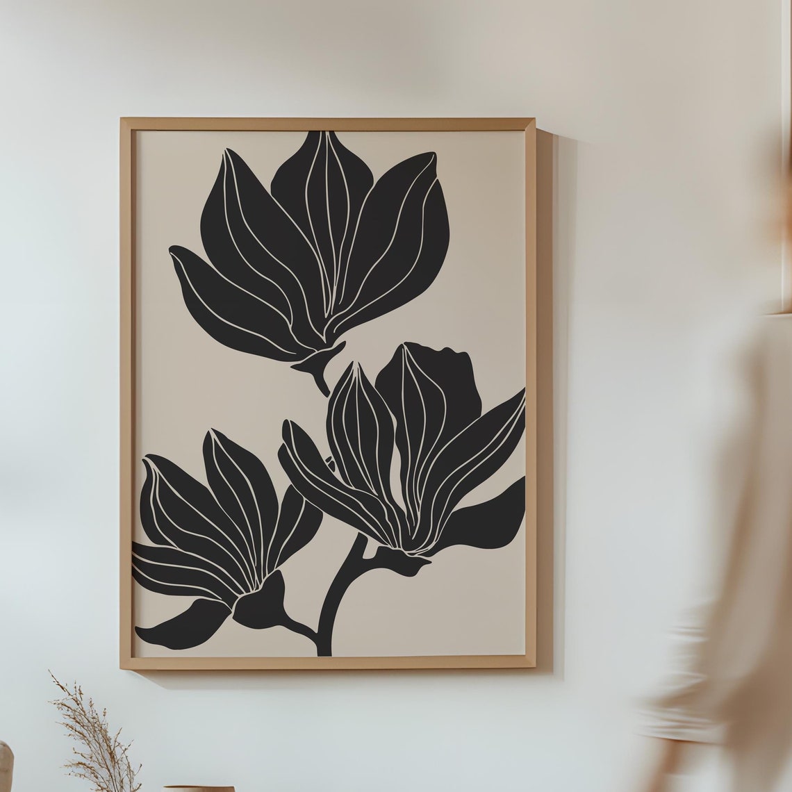 Bold Black Floral Silhouette Modern Botanical Beige Wall Art