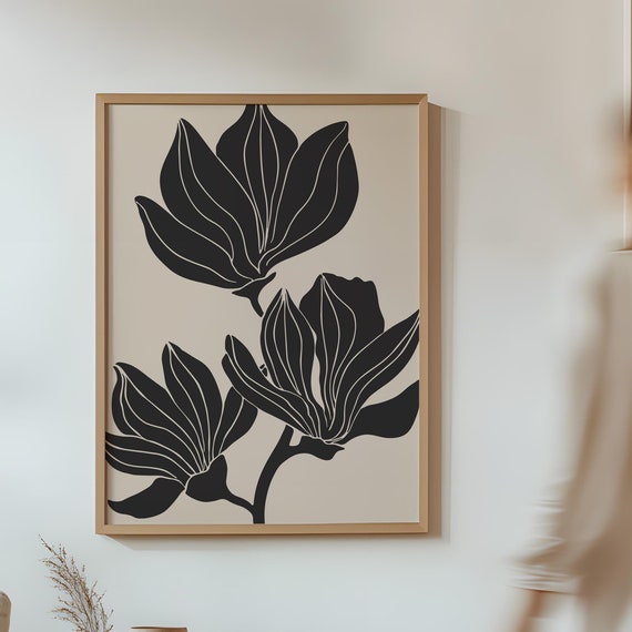 Beige And Black Magnolia Wall Art Mid Century Modern Abstract Floral Decor Moody Aesthetic Art Print For Farmhouse Decor 1813
