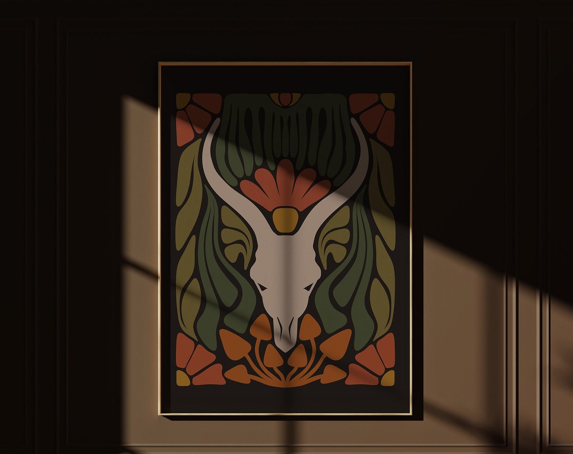 Horned Skull among Art Nouveau Florals Moody Dark Decor Poster