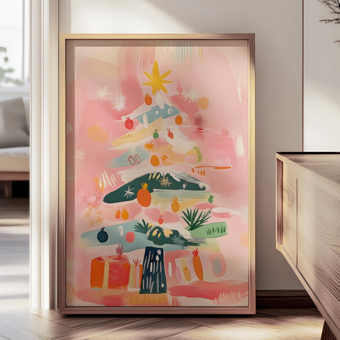 Pastel Pink Christmas Tree Abstract Watercolor Holiday Wall Art