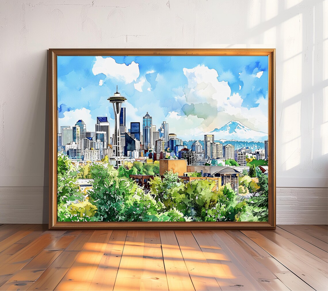 Seattle Skyline Watercolor Poster, Washington Travel