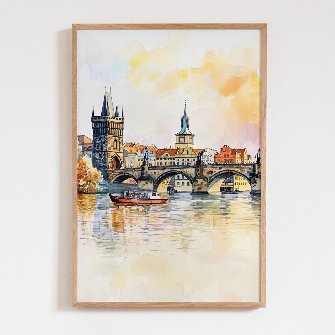 Prague Charles Bridge Vltava River Sunset Watercolor Cityscape Poster