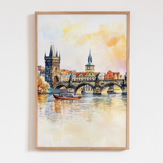 Prague Watercolor Print Charles Bridge Wall Art Cityscape Painting Of European Travel Poster Boho Historic Architecture Decor