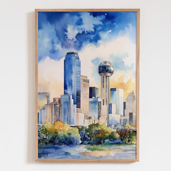 Dallas Skyline Watercolor Art Print Tx Cityscape Poster Downtown Texas Wall Travel Decor Artwork
