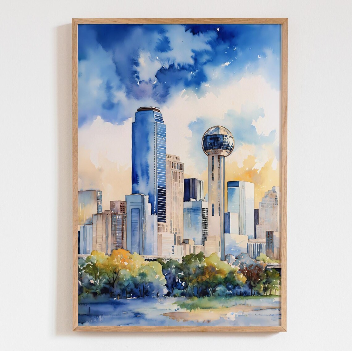 Dallas Skyline Reunion Tower Blue Watercolor Texas City Poster