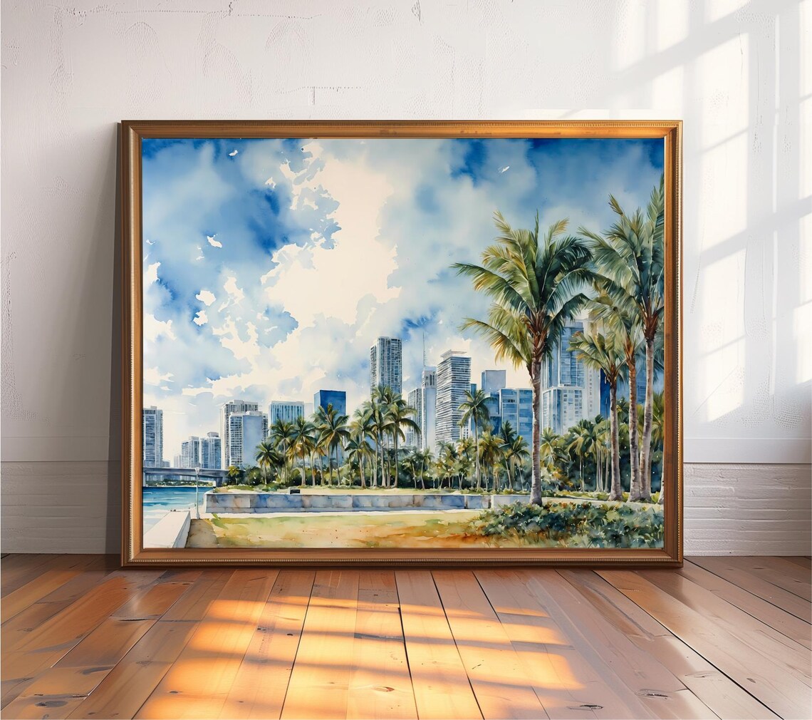 Miami Skyline Palm Trees Tropical Watercolor Florida City Poster