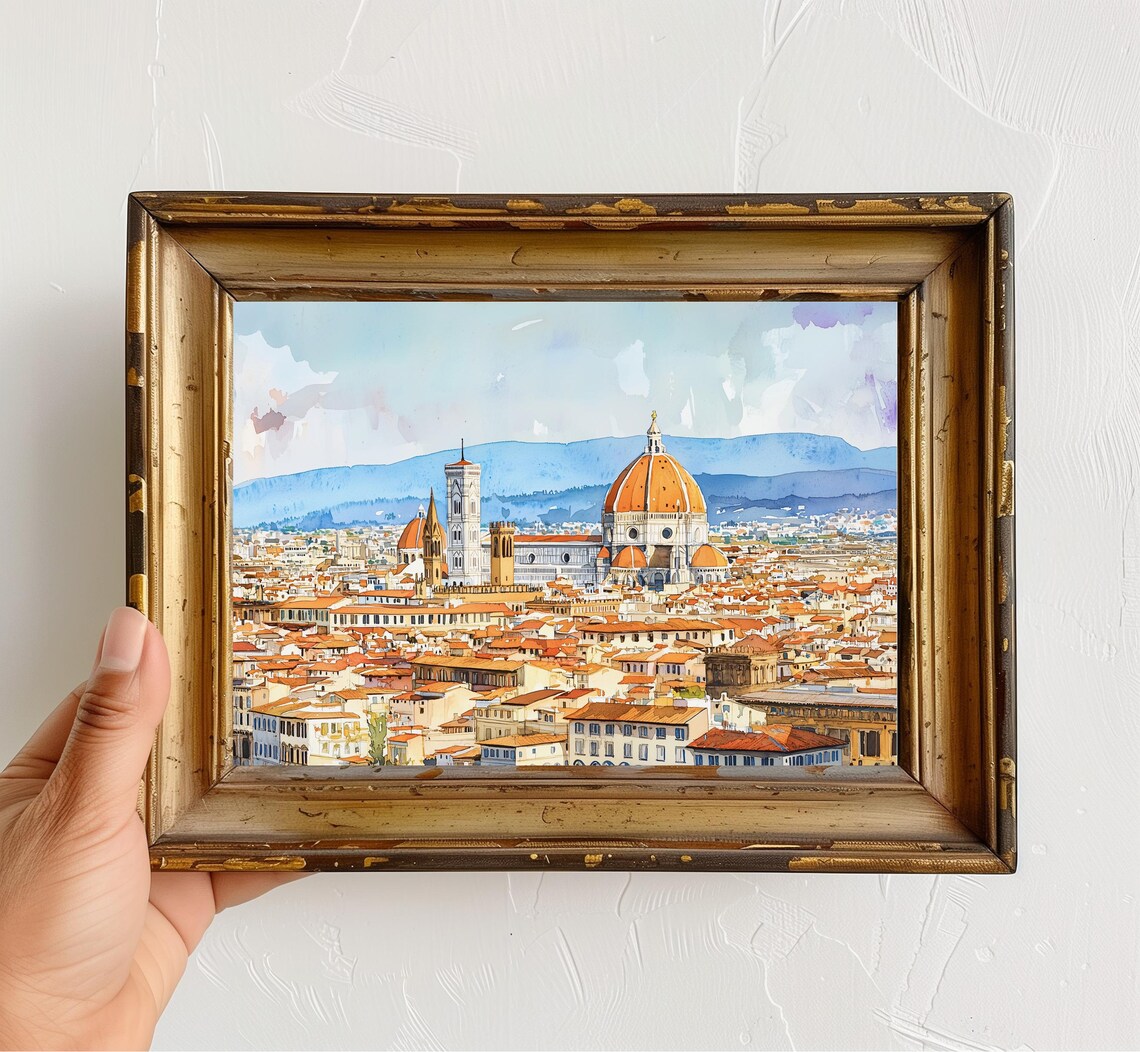 Florence Italy Watercolor Travel Poster, Duomo Skyline