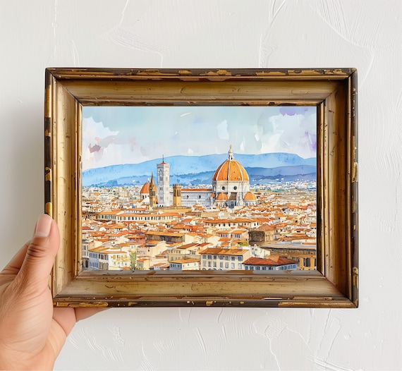 Florence Italy Watercolor Travel Poster, Duomo Skyline