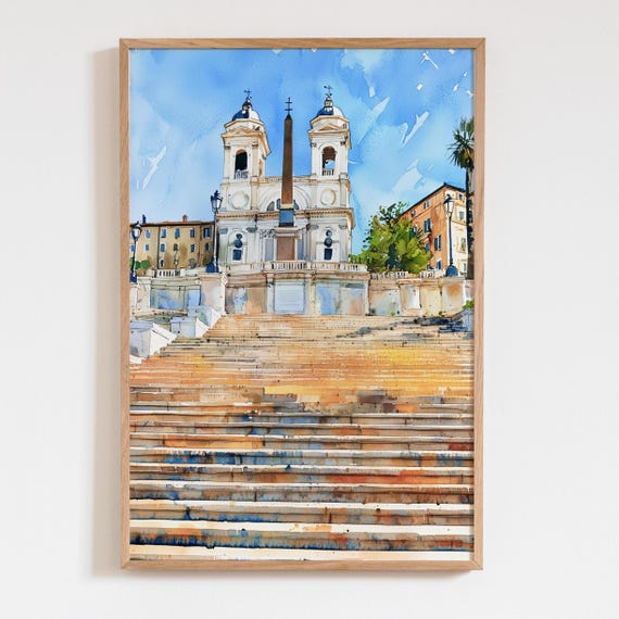 Spanish Steps Rome Watercolor Print Italian Landmark Wall Art Travel Poster Historic Cityscape Painting Italy Architecture Decor