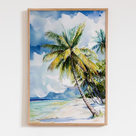 Tropical Beach Palm Trees Turquoise Watercolor Coastal Poster