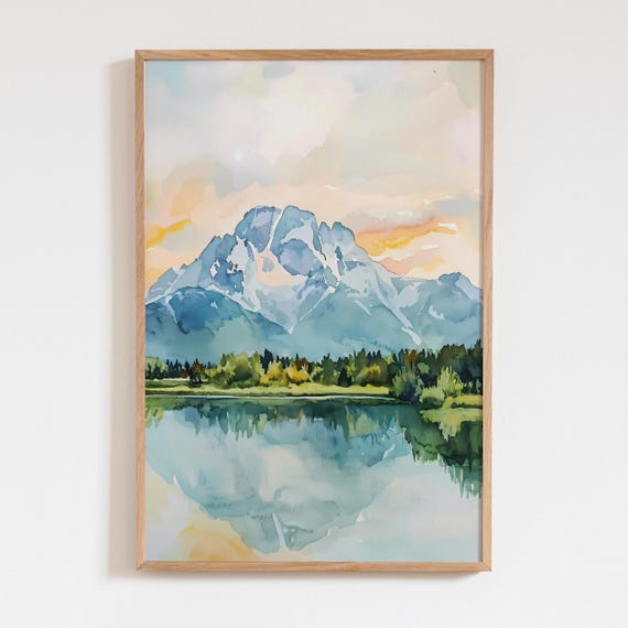 Grand Teton Portrait Wall Art Oxbow Bend Watercolor Print Vertical Mountain Poster Soft Nature Decor Gift For Outdoor Lovers