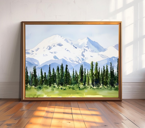 Alaska Glacier Peaks Watercolor Snowy Mountain Pine Forest Nature Poster