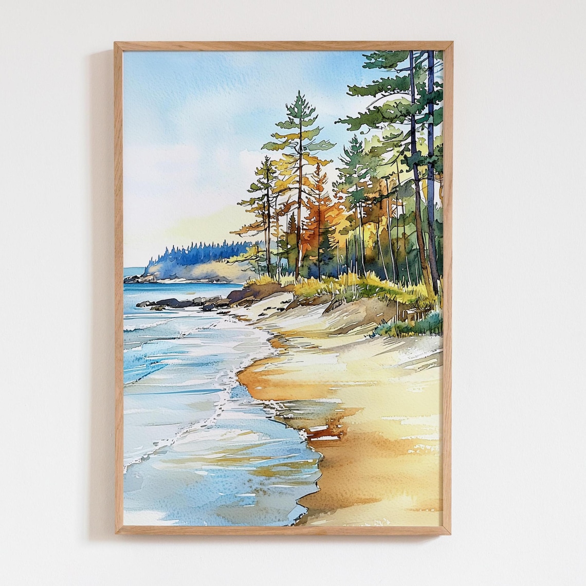 Watercolor Lake Coast Art Print, Coastal Landscape