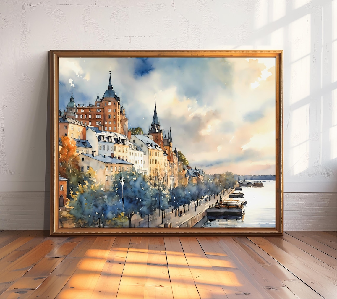 Stockholm Sweden Travel Poster, Watercolor Painting