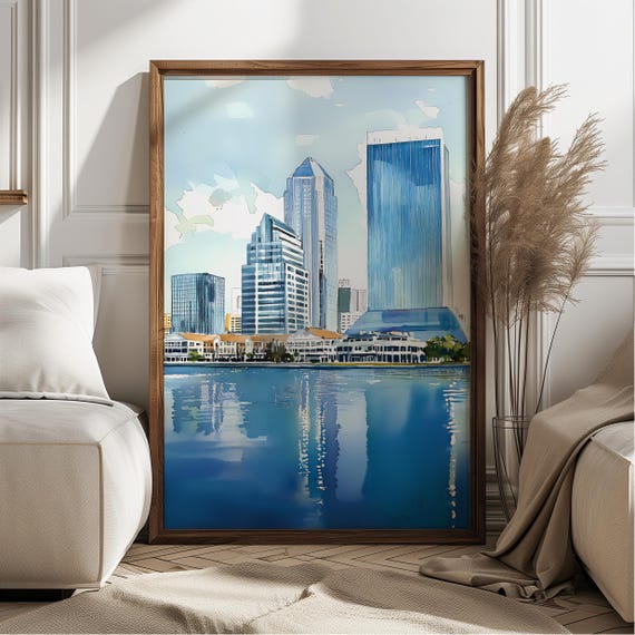 Jacksonville Skyline Watercolor Art Print Blue Cityscape With River Reflection Florida Wall Decor Urban Travel Gift For Him Or Her