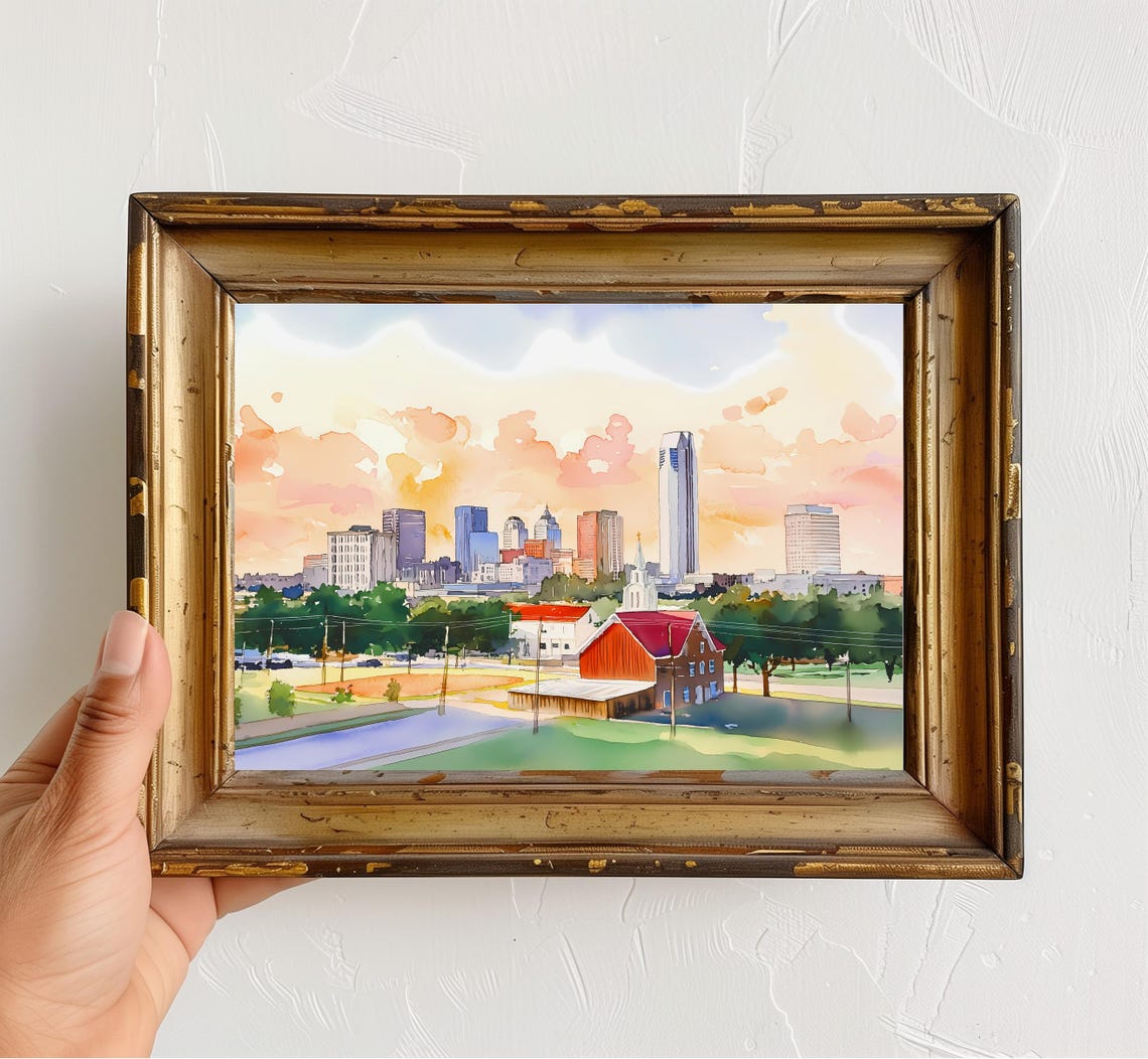 Oklahoma City Skyline Pastel Sunset Watercolor Cityscape Wall Art