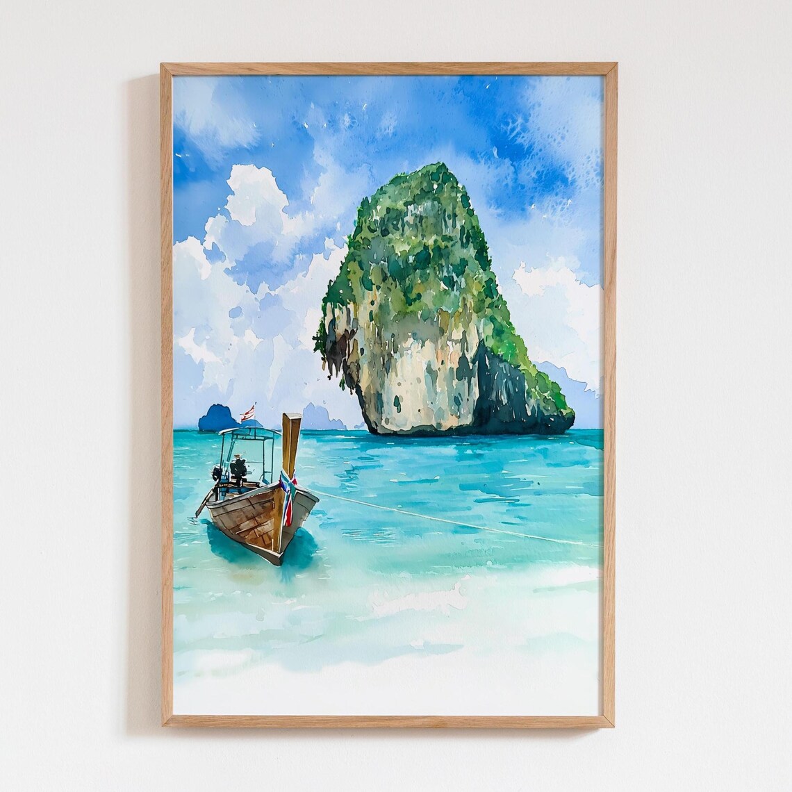 Thailand Beach Long Tail Boat Watercolor Wall Art Tropical Ocean Decor