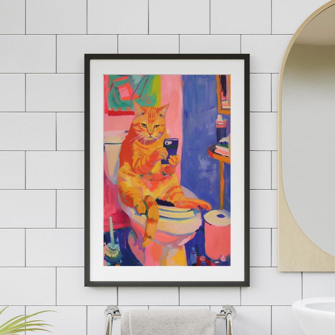 Orange Cat On Toilet Scrolling Phone Funny Bathroom Art Poster - Image 2