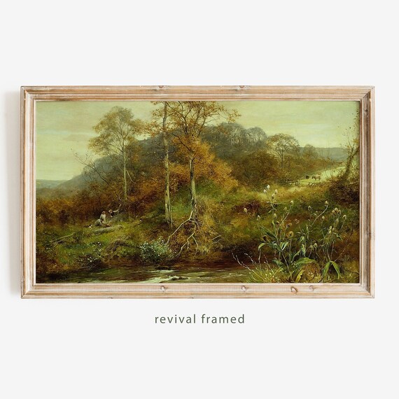Autumn Woodland Stream with Distant Figures Oil Painting Poster