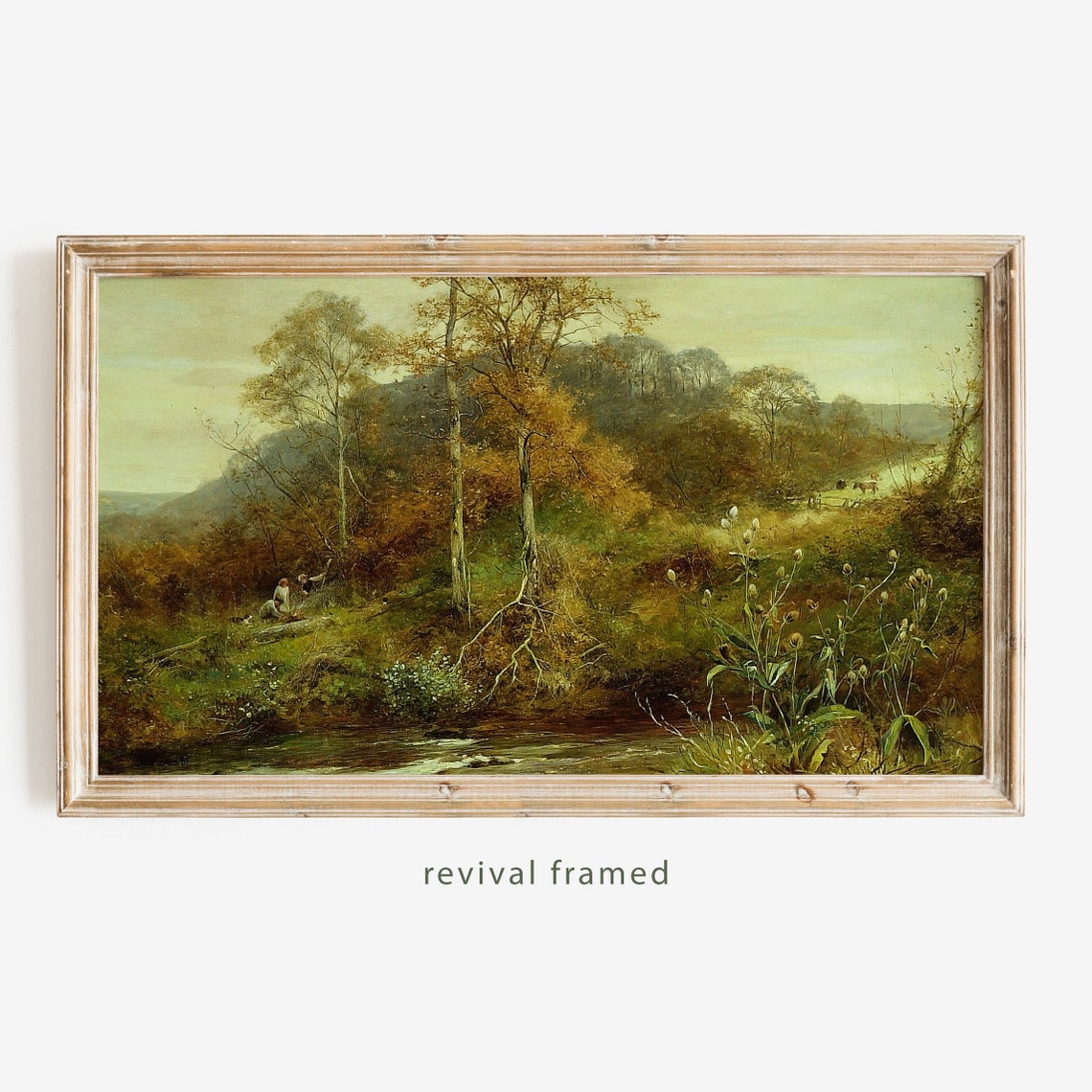 Autumn Woodland Stream with Distant Figures Oil Painting Poster