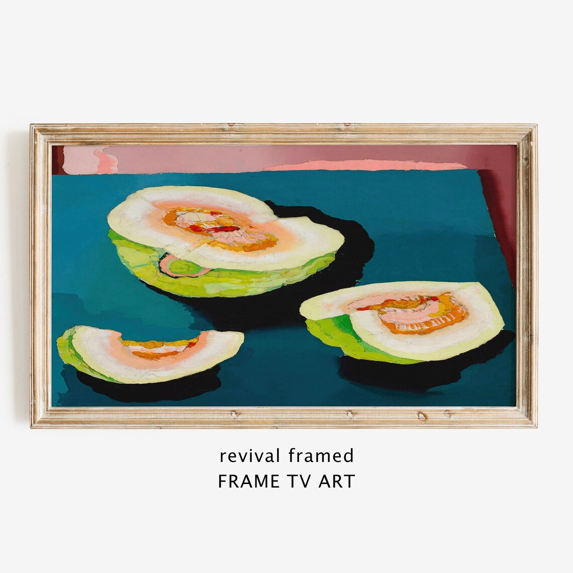 Modernist Still Life Painting of Cut Melon Halves on a Teal Background Poster