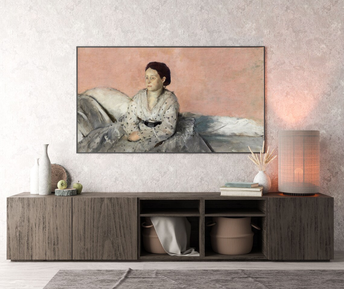 Degas Portrait of Woman in Polka Dot Dress on Pink Sofa Poster - Image 2