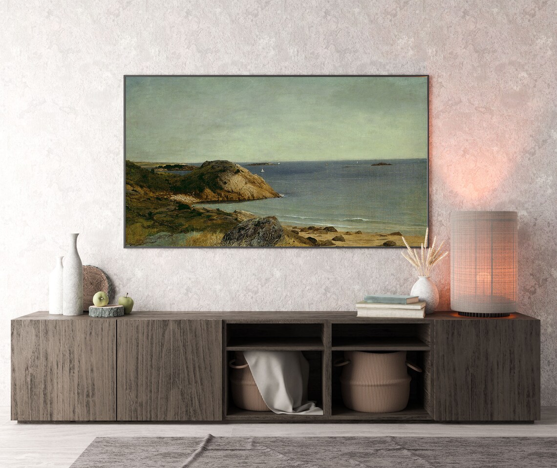 Rocky Coastal Headland Sailboats Minimalist Neutral Seascape Painting Poster - Image 4