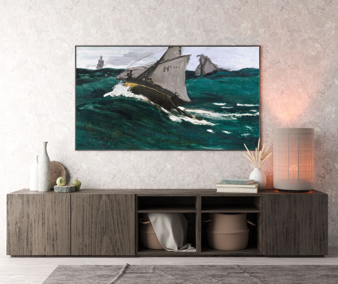Sailboat on Rough Teal Sea Vintage Impressionist Oil Painting Poster - Image 3