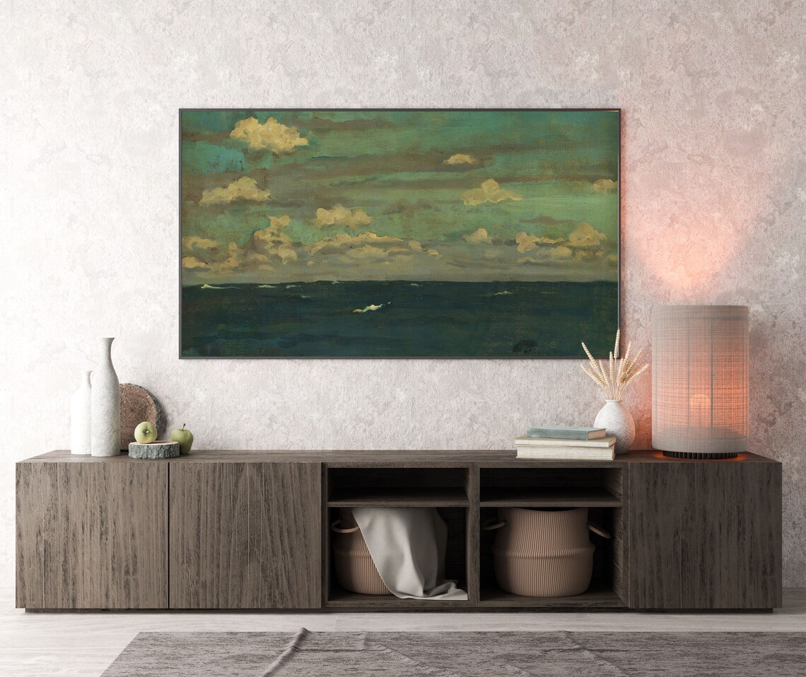 Dark Ocean Waves Dramatic Clouds Moody Teal Seascape Oil Painting Poster - Image 4