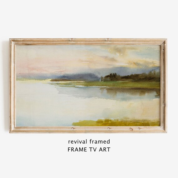 Soft Dusk Watercolor Lake Painting Impressionist Pink Evening Sky Landscape Poster