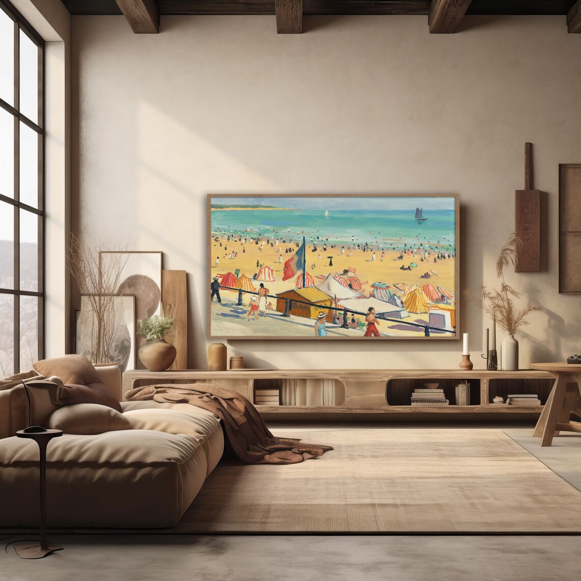 1920s Art Deco Crowded Beach Painting with Striped Tents and Sailboats Poster - Image 4
