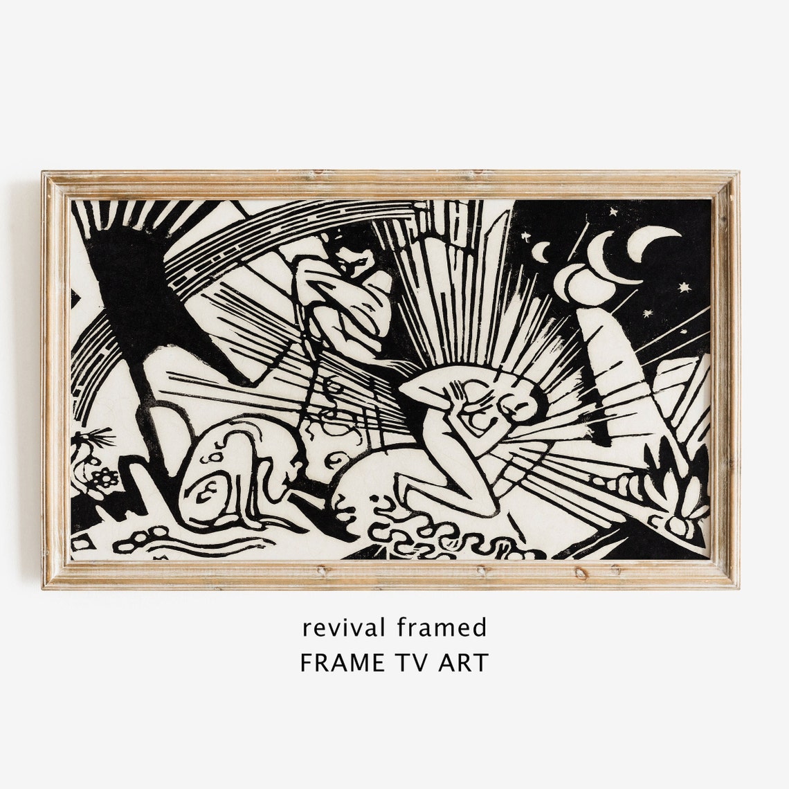 Bold Black and White Celestial Woodcut Figure Moon Stars Poster