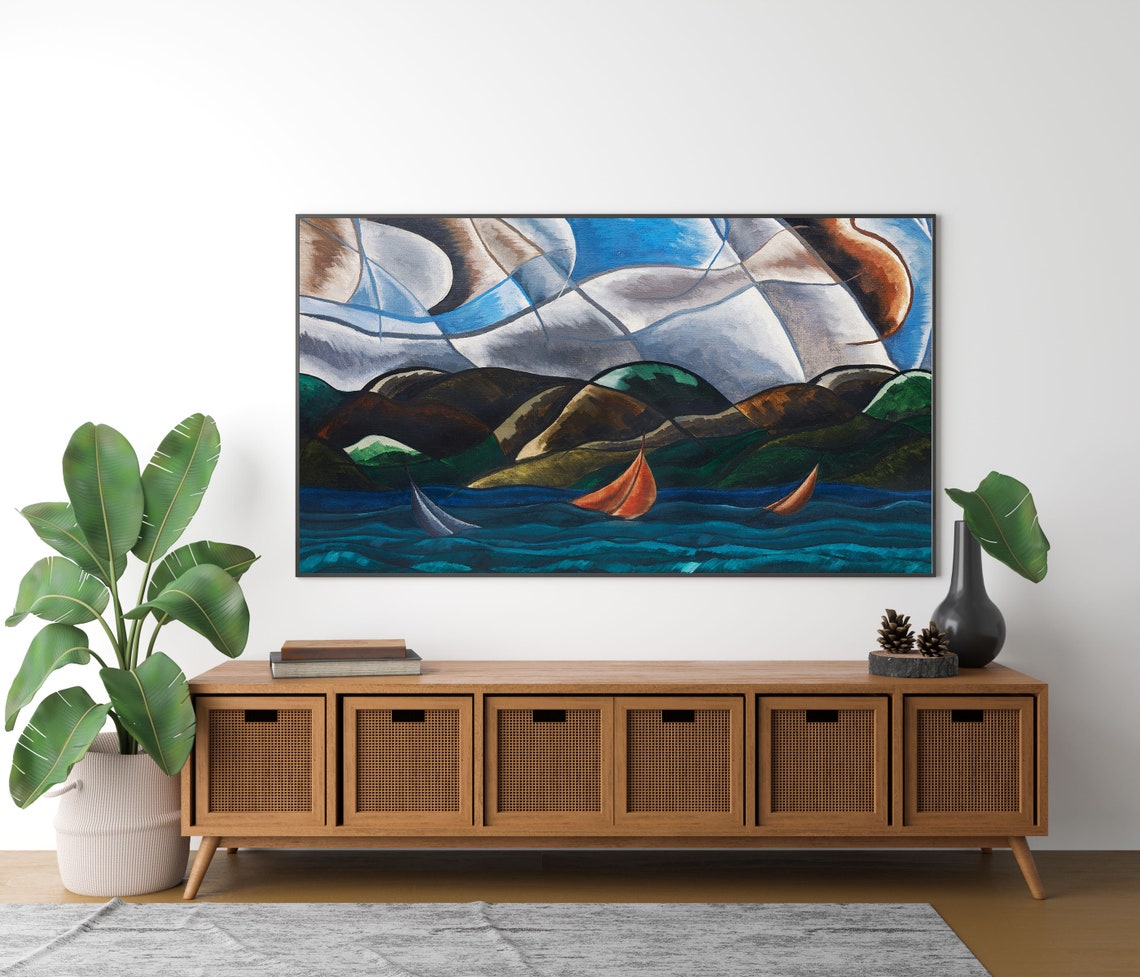 Modernist Sailboat Seascape Bold Sails Cubist Style Vintage Art Poster - Image 2