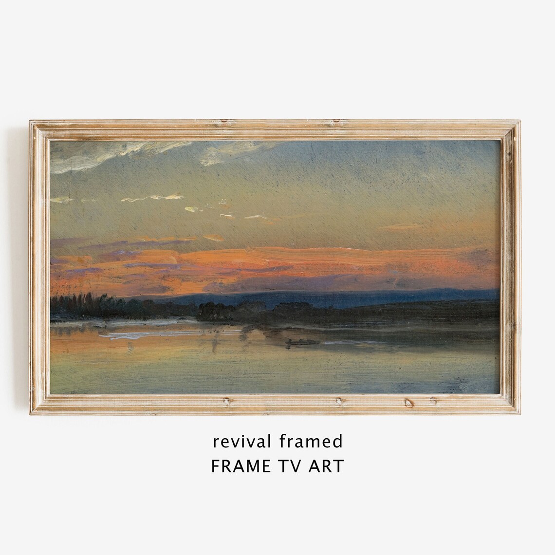 Golden Orange Sunset over Calm River Vintage Evening Skyscape Style Wall Art
